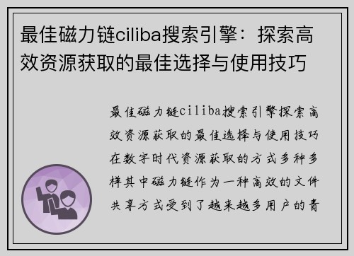 最佳磁力链ciliba搜索引擎：探索高效资源获取的最佳选择与使用技巧